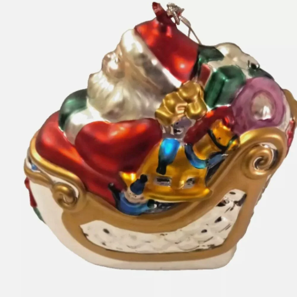 Vintage Mercury Glass Santa in Sleigh Ornament Handblown IOB Retired Limited